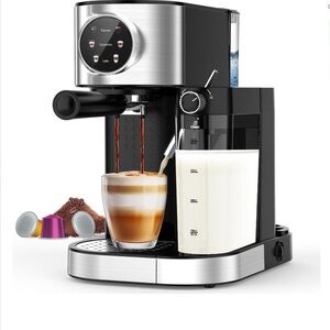 Stainless Steel & Black coffee Machine with Milk Frother
